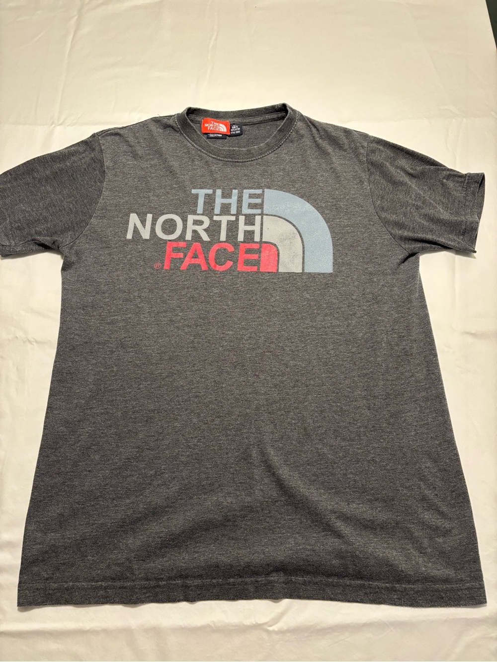The North Face Gray Short-Sleeve Logo Tee with Blue and Red Accents